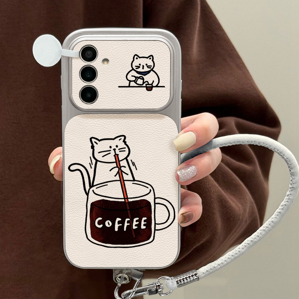 Phone Cases Leather - 커피 귀여운 고양이 폰 케이스 삼성