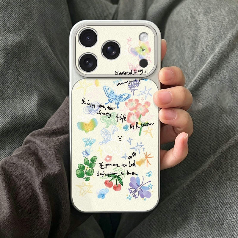 Phone Cases Leather - 크레용 낙서 나비 꽃무늬 아이폰 17
