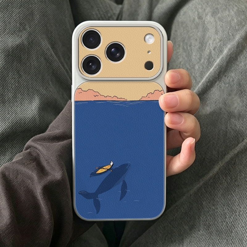 Phone Cases Leather - 푸른 바다 고래 카누 폰 케이스