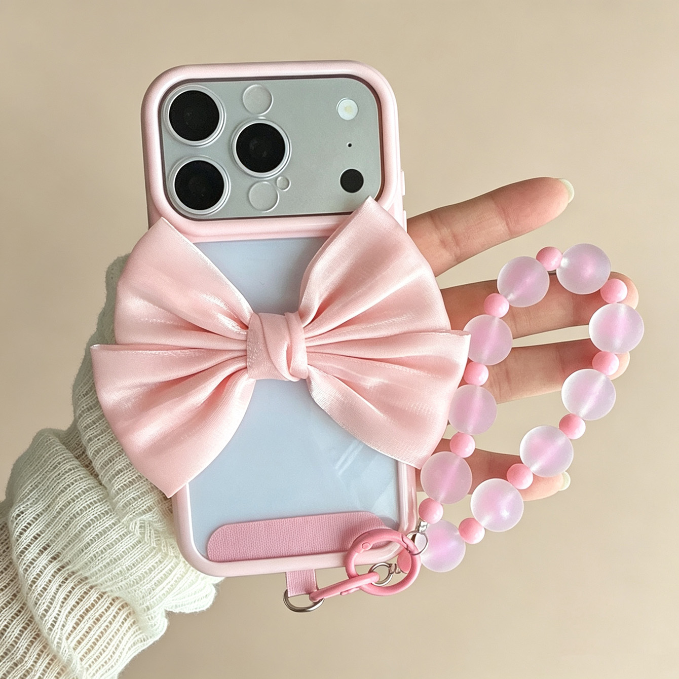 보우 핑크 프레임 투명 폰 케이스 비즈 손목 스트랩 아 - Phone Cases With Loop 리뷰 및 가격